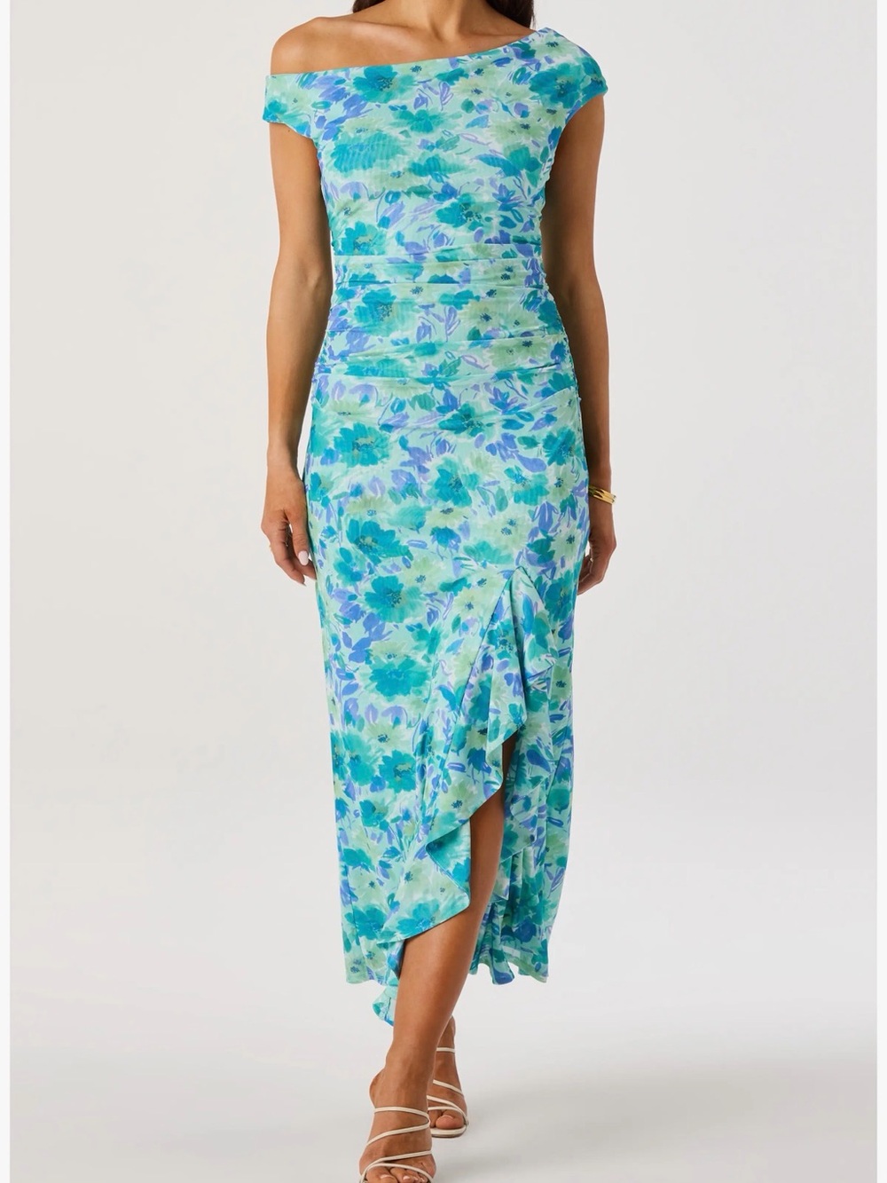 Astr Aqua & Teal Floral One-Shoulder Midi Dress